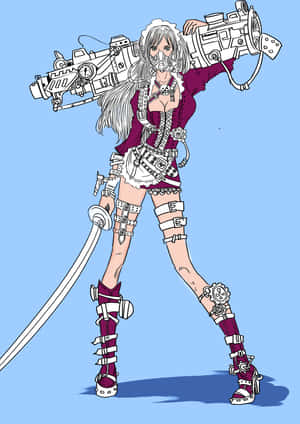 穿著蒸氣龐克服裝、手持機械武器和劍的動漫女孩。 — iPad Pro 11 壁紙