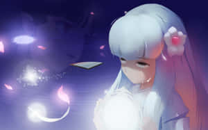 銀發動漫少女手持發光球體，被櫻花瓣和幽靈貓環繞。 — 2880x1800 壁紙