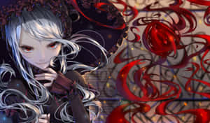 銀髮紅眼的動漫女孩被旋轉的紅色絲帶環繞。 — 不死者之王 壁紙