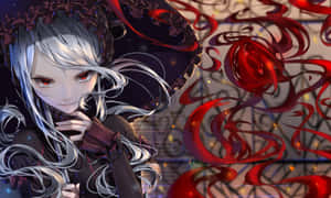 銀髮紅眼的動漫女孩被旋轉的紅色絲帶環繞。 — 不死者之王 壁紙