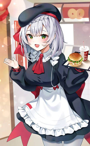 動漫女僕身穿紅黑制服，微笑著手持KFC托盤。 — Redmi Pad 2 9.7 壁紙