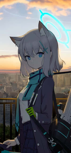 貓耳動漫女孩，城市陽台，夕陽，發光藍色螺旋 — 可愛動漫女孩 壁紙