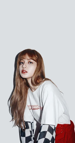 長棕髮的年輕女性穿著白色T恤和格子褲在攝影棚中擺姿勢。 — Lalisa manoban 動圖 壁紙