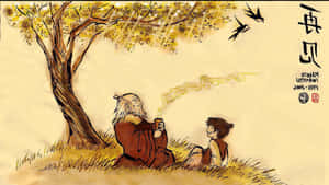 長者和孩子在樹下分享茶，鳥兒在頭頂飛翔。 — 淺色 壁紙