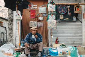 一位長者平靜地坐在市場攤位前，周圍環繞著紡織品和小飾物。 — 海軍藍 壁紙