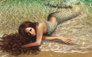 一位長著棕色長髮的美人魚躺在沙灘的淺海水中。 — 美人魚 壁紙