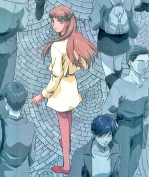 動漫女孩穿著黃色連衣裙和紅色鞋子，站在圓形石鋪地上，被學生包圍。 — 小米 Mix Flip 2 壁紙