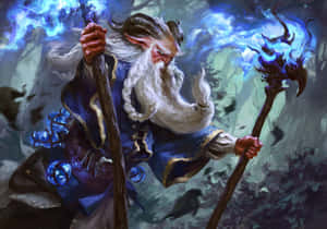 一位精靈巫師在黑暗森林中，用發光的法杖引導藍色魔法。 — 魔法動圖 壁紙