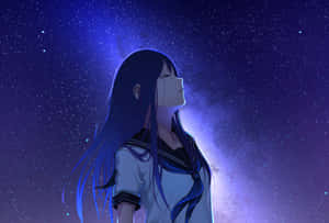 穿著水手服的動漫女孩仰望星空 — 星空動畫 壁紙