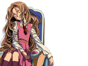 長棕色頭髮的動漫女孩穿著粉紅色服裝在未來感椅子上睡覺。 — 4:3 壁紙