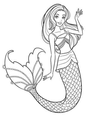 一位微笑長髮美人魚坐著揮手，她的鱗片尾巴用珍珠裝飾。 — iPad Pro 12.9 壁紙