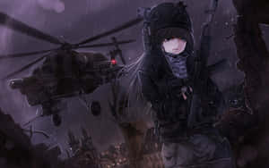 動漫士兵在雨夜場景中持步槍，直升機在廢墟城市上空盤旋。 — 暗黑少女風 壁紙