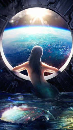 太空船泳池中的美人魚望向一顆帶有明亮太陽的藍色行星。 — 美人魚 壁紙