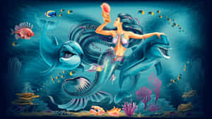 美人魚騎著海豚在色彩繽紛的珊瑚和熱帶魚之間水下暢遊。 — 芭比美人魚 壁紙
