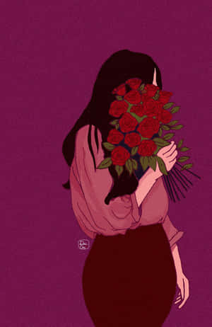 女性手持紅玫瑰遮臉，背景為紫色 — 玫瑰花 壁紙