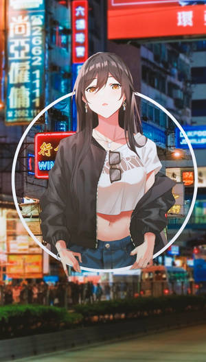 夜晚霓虹城市中的動漫女孩，身穿黑色外套和太陽眼鏡 — 可愛動漫女孩 壁紙