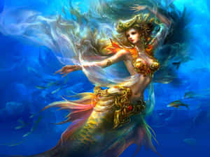 一位身穿金色盔甲的人魚，在魚群環繞下優雅地在水下游泳。 — 美人魚 壁紙