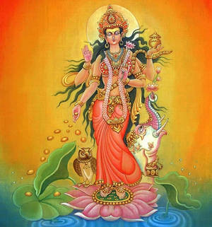 印度教女神在蓮花上與貓頭鷹和獨角獸的靈性藝術 — Maa Durga 壁紙