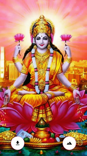 四臂印度女神坐在粉紅蓮花上，帶有金色裝飾，背景為日落。 — Maa Durga 壁紙