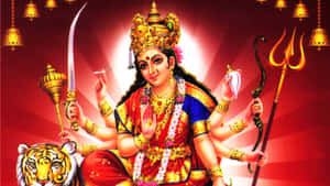 多臂印度教女神手持武器，身旁有一隻老虎。 — Maa Durga 壁紙