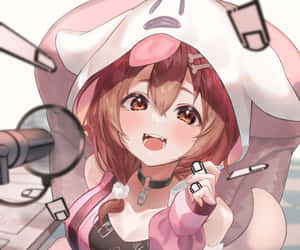 兔耳動漫女孩微笑著拿著麥克風。 — 卡通狗 壁紙