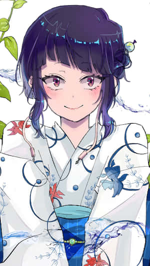 穿著白色花卉和服的動漫女孩，紫色頭髮和紅色眼睛微笑著。 — 凱羅·忍 壁紙