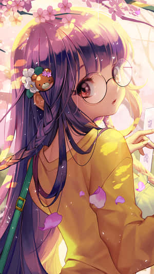動漫女孩紫色頭髮戴眼鏡，櫻花下穿黃色毛衣。 — 可愛動漫女孩 壁紙