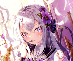 銀色頭髮戴紫色花朵的動漫女孩，微笑著拿著湯匙。 — 可愛動漫女孩 壁紙