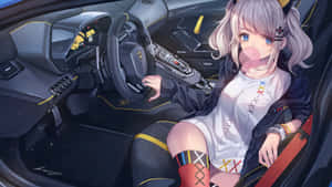 泡泡糖臉頰的動漫女孩坐在藍寶堅尼車內。