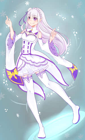動漫女孩穿著白色和紫色的冬裙在飄雪中跳舞。 — Pixel Tablet 壁紙