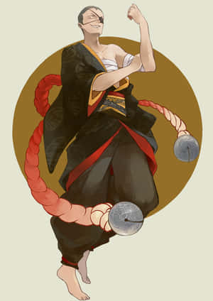 戴著眼罩、手持繩索武器的傳統服飾動漫戰士。 — 混沌武士 壁紙
