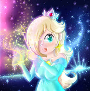 星空宇宙中手持發光魔杖和皇冠的動畫公主 — 美麗的公主 壁紙