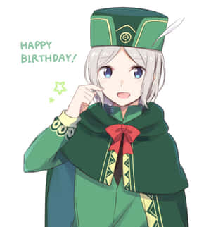 動畫女孩穿著綠色服裝，繫著紅色蝴蝶結，為生日慶祝微笑。 — 榮耀Magic V 壁紙