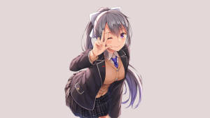 穿著校服的動畫女孩眨眼並做出和平手勢，帶有貓耳朵。 — 8K 壁紙