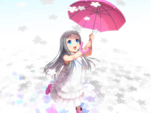 灰髮動畫女孩在漂浮花田中拿著粉紅花傘。 — 粉色動漫美學 壁紙