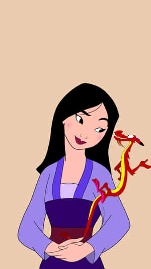 一位微笑的動畫女性穿著紫色長袍，旁邊有一條紅黃色的龍。 — 迪士尼桌布 壁紙