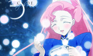 粉紅色頭髮的動漫女孩在星空下握著發光球體。 — 紫色動漫美學 壁紙