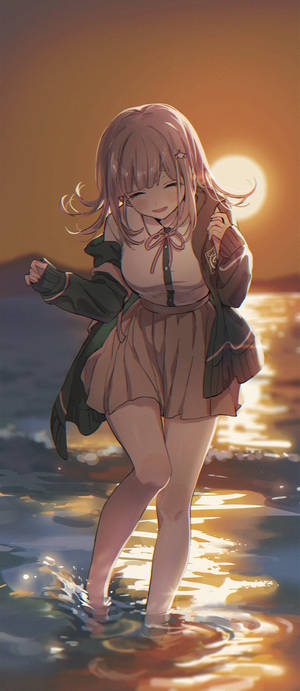 動漫女孩在金色夕陽下涉水 — 可愛動漫女孩 壁紙