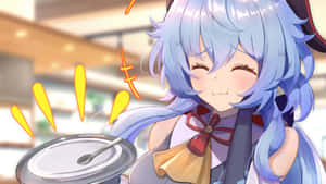 藍髮動漫女孩愉快地從盤子中提供食物。 — 原神 壁紙