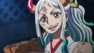 擁有白色和青綠色頭髮以及惡魔角的動漫女孩，微笑著拿著一本書。 — 靈性美學 壁紙