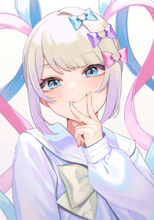 動漫女孩，粉彩髮色和蝴蝶結，微笑著手指放在嘴唇上。 — 可愛動漫女孩 壁紙
