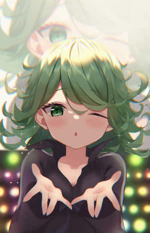 綠髮動漫女孩在發光背景下向觀眾眨眼。 — Galaxy Z Fold 8 壁紙