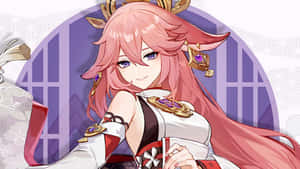 粉紅頭髮紫色眼睛的動漫女孩穿著傳統幻想服飾微笑。 — 八重神子 壁紙