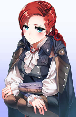 紅髮藍眼的動漫女孩穿著冒險家服裝微笑 — 女主角 壁紙