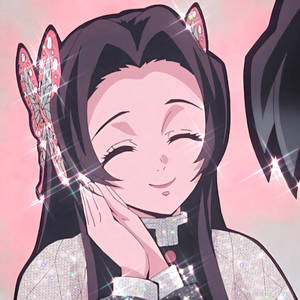 戴著蝴蝶髮夾的動漫女孩微笑，周圍閃爍著光芒。 — 胡蝶カナエ 壁紙