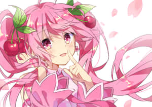 粉紅色頭髮和櫻桃的動漫女孩微笑著指著 — 櫻島麻衣 壁紙