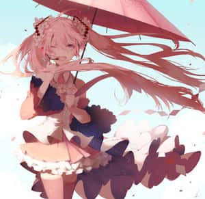 粉紅色頭髮的動漫女孩在飄落的櫻花中手持粉紅色雨傘。 — 櫻島麻衣 壁紙