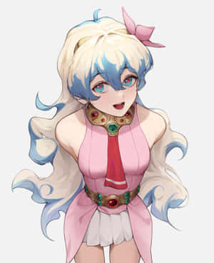 藍白頭髮的動漫女孩，穿著粉紅色服裝和寶石配飾 — Pixel Fold 壁紙