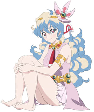 藍色和金色頭髮的動漫女孩，穿著粉紅色服裝，配有金色配飾，盤腿而坐。 — Apple Watch Ultra 壁紙