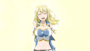 金髮動漫女孩穿著藍金色服裝，閃閃發光地笑著。 — 仙女美學 壁紙